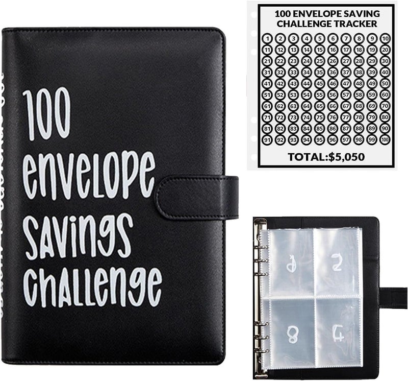 AASLOB 100 Envelopes Money Saving Challenge, 100 Envelope Challenge Binder, Easy and Fun Way to Save $5,050, Savings Challenges Budget Book Binder with Cash Envelopes for Office,Home,School (Black) - Image 1